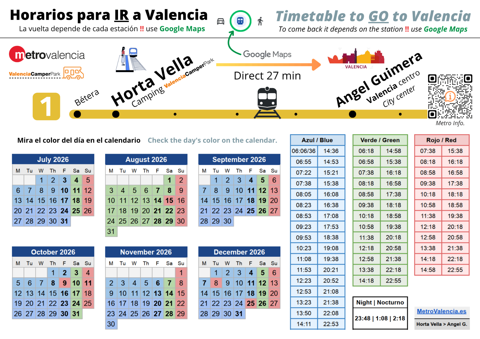 Horarios metro Valencia julio-diciembre 2026